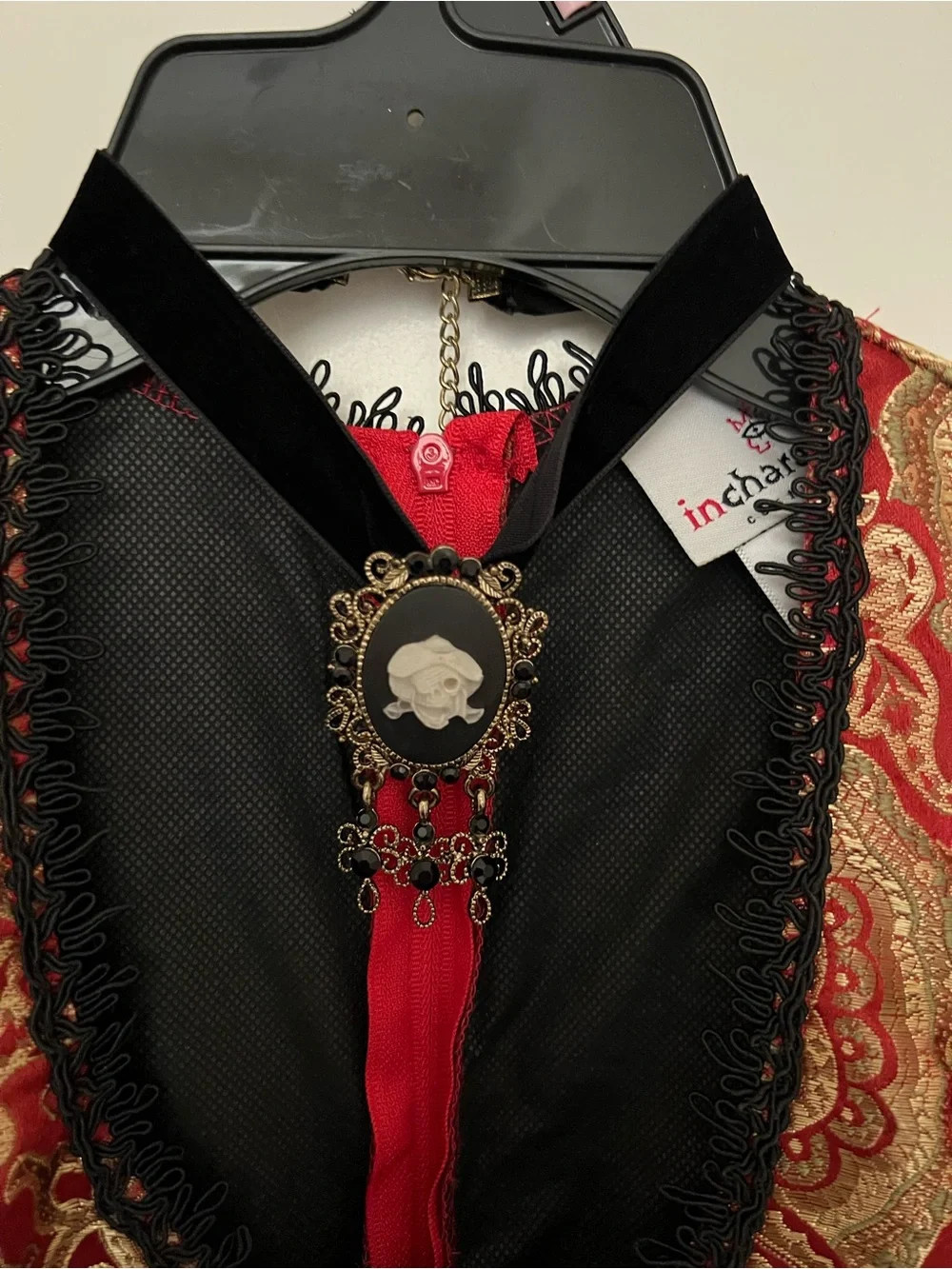 Red Girls' Pirate Victorian Costume with Brocade Vest and Lace Cuffs